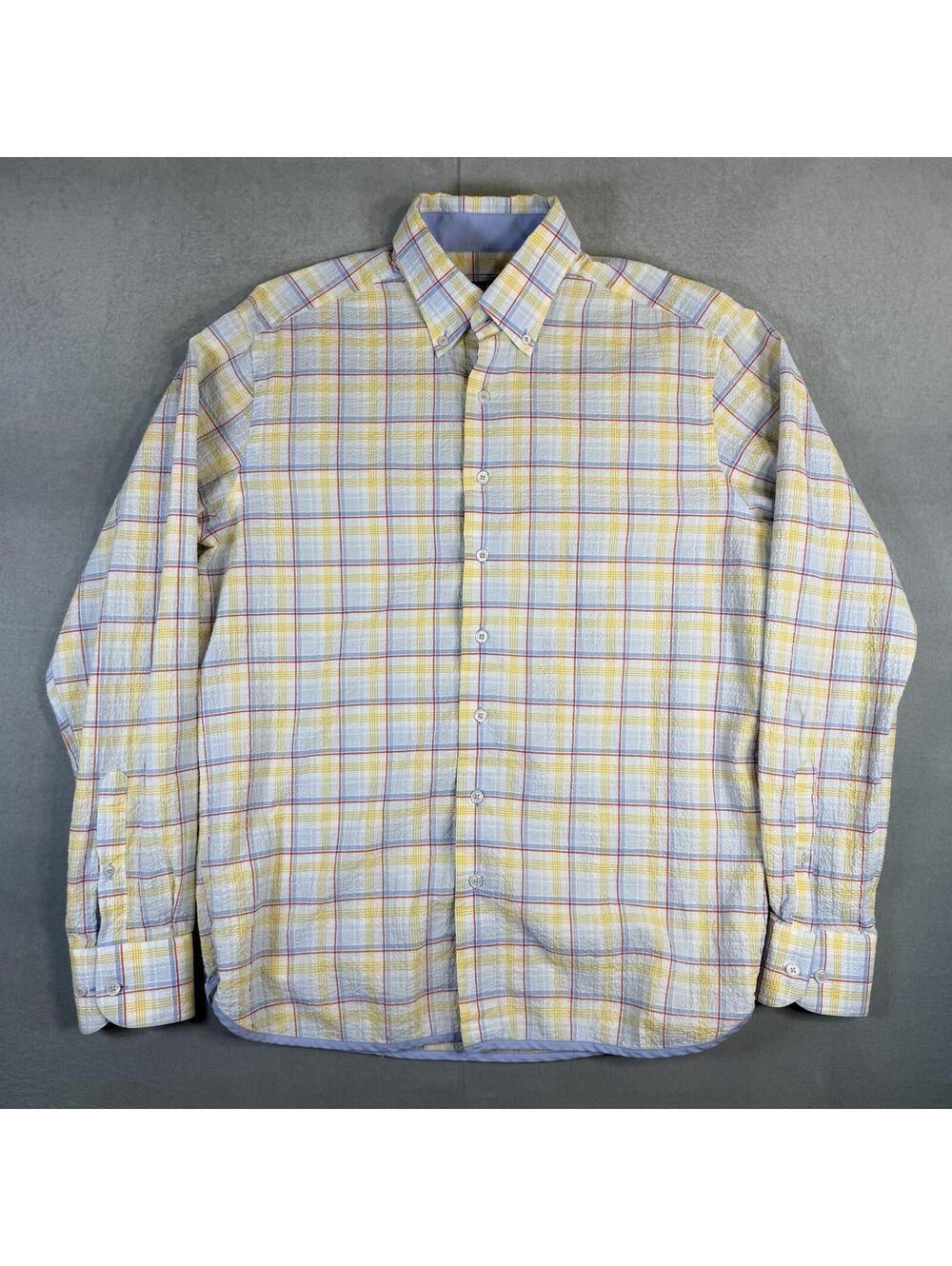 Hammer Made Seersucker Shirt Mens Medium-Large/16 Blue Yellow Plaid Summer
